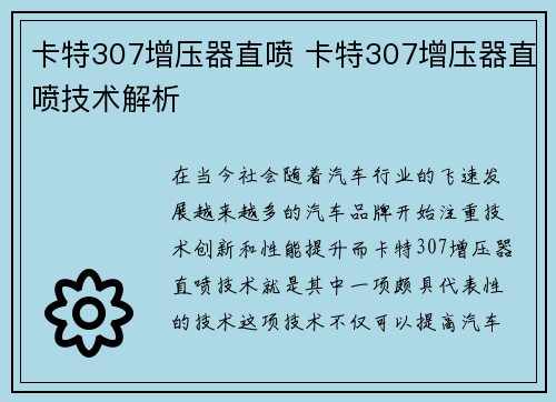卡特307增压器直喷 卡特307增压器直喷技术解析