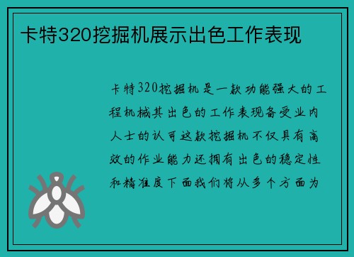 卡特320挖掘机展示出色工作表现